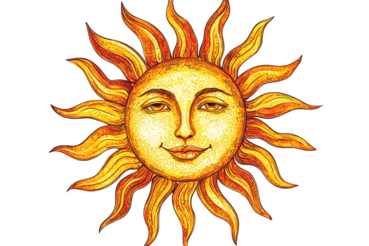 Artistic depiction of a radiant sun with a smiling face, featuring vibrant yellow and orange rays against a transparent background. png