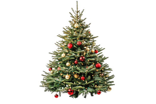 Beautifully decorated Christmas tree with red and gold ornaments, perfect for holiday celebrations and festive decorations. png