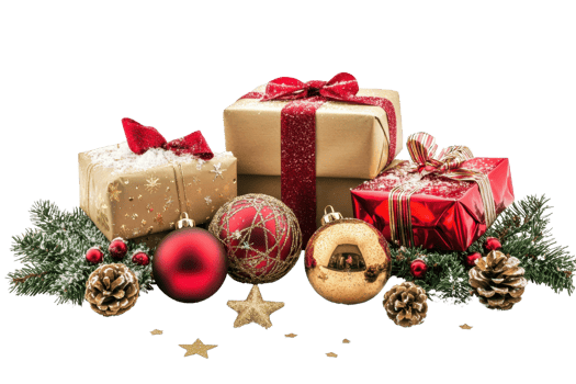 Beautifully wrapped Christmas gifts with festive ornaments and evergreen branches, perfect for holiday celebrations and seasonal cheer. png