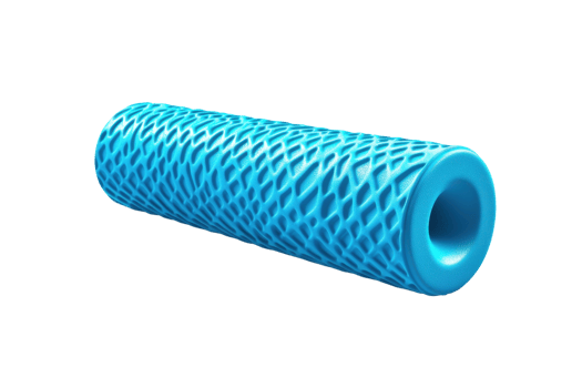 Blue textured foam roller for muscle relaxation and fitness. Ideal for yoga, pilates, and physical therapy exercises. Portable and durable design. png