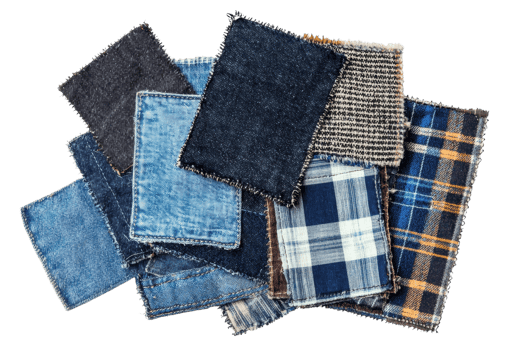Assorted fabric swatches including denim and plaid patterns stacked on a transparent background. showcasing various textures and styles. png