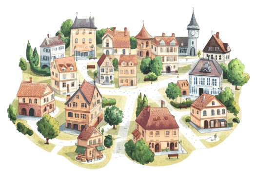 Charming illustrated village scene with a variety of quaint houses and lush greenery, showcasing a peaceful and idyllic small town atmosphere. png