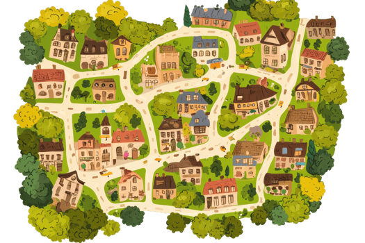 Charming illustrated village map with winding roads and colorful houses surrounded by lush greenery, showcasing quaint rural architecture. png