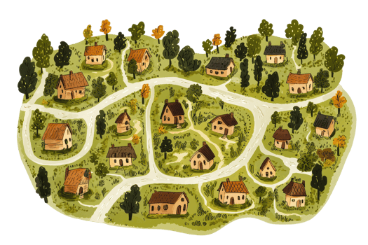Charming watercolor illustration of a quaint village with winding paths and cozy houses nestled among lush greenery and trees. png