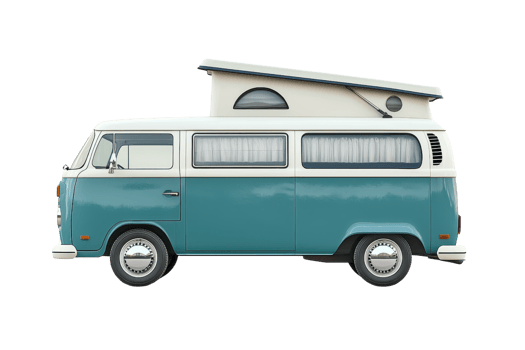 Classic retro camper van with pop-up roof in side view, perfect for travel and adventure enthusiasts. Vintage style and iconic design. png