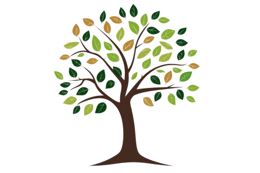 Colorful hand-drawn tree illustration with green and orange leaves, symbolizing nature, growth, and the changing seasons. png