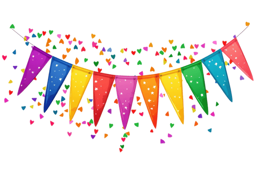 Colorful festive bunting with vibrant flags against a lively confetti background, perfect for parties, celebrations, and joyful occasions. png