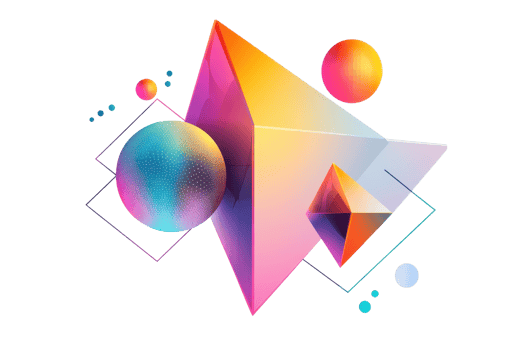 Colorful geometric shapes including pyramids and spheres with a modern gradient effect on a transparent background. Perfect for abstract design. png