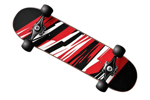 Colorful skateboard with abstract red and white pattern isolated on transparent background. Cool design and perfect for skate enthusiasts. png