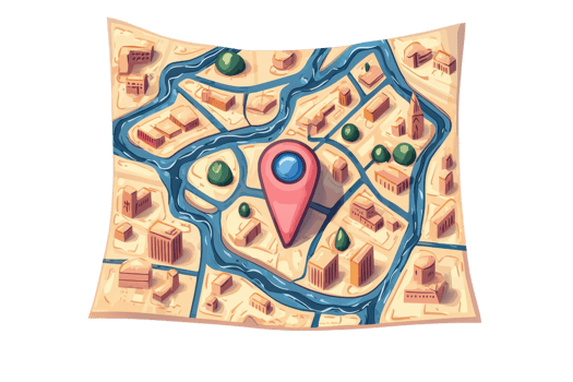 Colorful map illustration with a prominent location marker surrounded by rivers and buildings on a textured surface. png