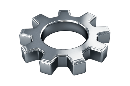 Close-up of a metallic gear, showcasing industrial design and engineering precision with polished, interlocking teeth on a reflective surface. png