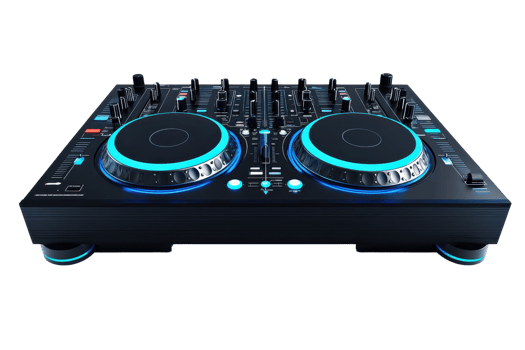 Close-up of a modern DJ controller with illuminated controls, perfect for mixing music at events or in a studio setting. png