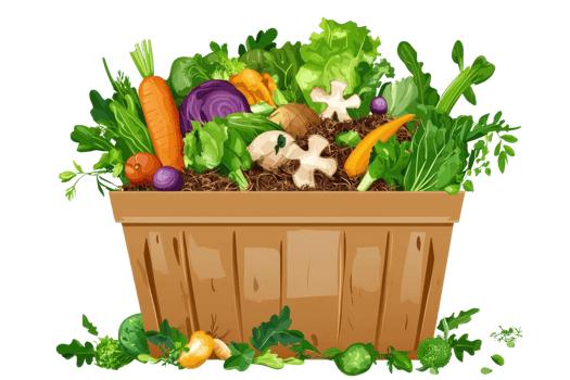 Colorful basket of fresh vegetables including carrots, lettuce, and mushrooms, symbolizing healthy eating and organic farming. png