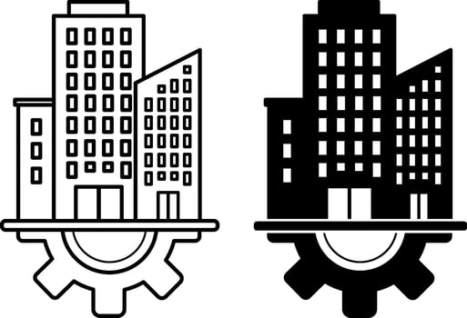 Infrastructure Icons. Black and White Illustrations. High Rise Buildings and Gear. Buildings and City. Society Sector Concept vector