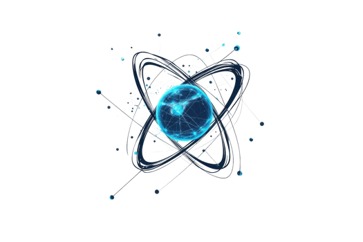 Conceptual image of an atom with orbiting electrons, representing science, technology, and the fundamental building blocks of matter. png