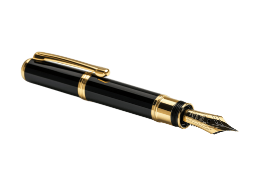 Elegant black fountain pen with gold accents, isolated on a transparent background. Perfect for writing, signing documents, and luxury style display. png