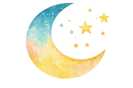 Colorful watercolor crescent moon and stars illustration, perfect for dreamy, celestial-themed designs and creative art projects. png