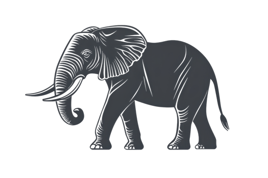 Detailed silhouette illustration of an elephant, highlighting its majestic trunk and large ears, perfect for wildlife-themed designs. png