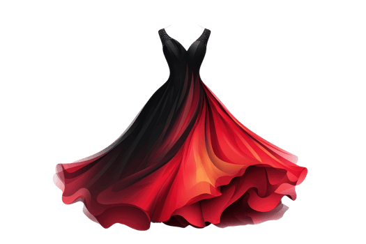 Elegant flowing red and black gradient evening gown, perfect for formal events. Luxurious design with vibrant colors and delicate fabric details. png