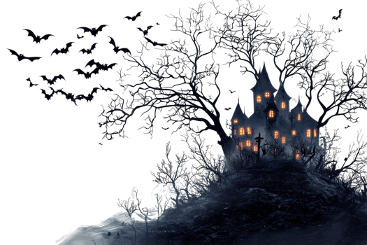 Eerie, spooky haunted house on a hill with glowing windows, surrounded by dark twisted trees and flying bats at night. png