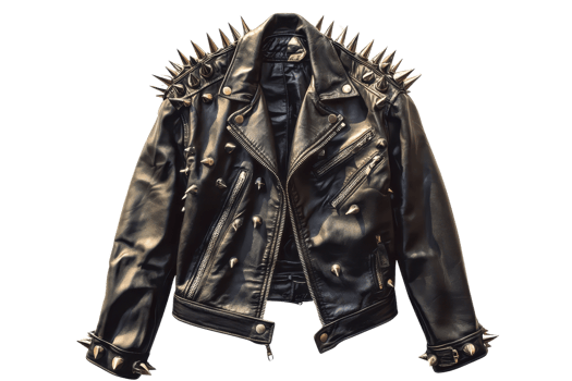Edgy black leather jacket with metal spikes, perfect for punk or rock style fashion, showcasing unique design and rebellious flair. png