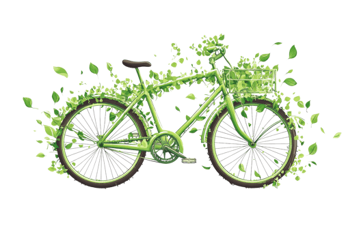 Eco-friendly green bicycle surrounded by leaves, symbolizing environmental conservation and sustainable transportation. png