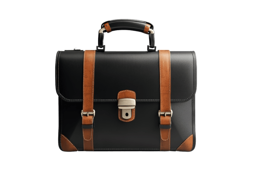 Elegant black leather briefcase with brown straps, suitable for business professionals, showcasing sophistication and style. png