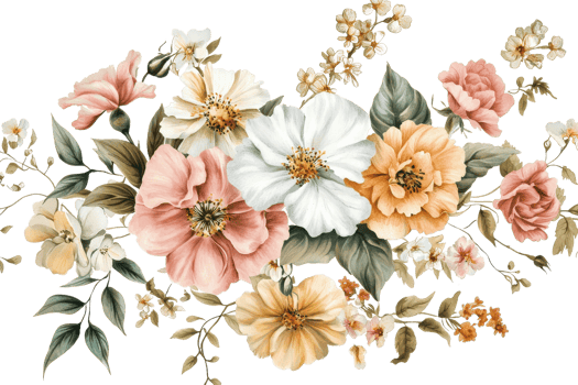 Elegant floral arrangement with pastel flowers, lush greenery, and delicate leaves, perfect for decor, invitations or backgrounds. png