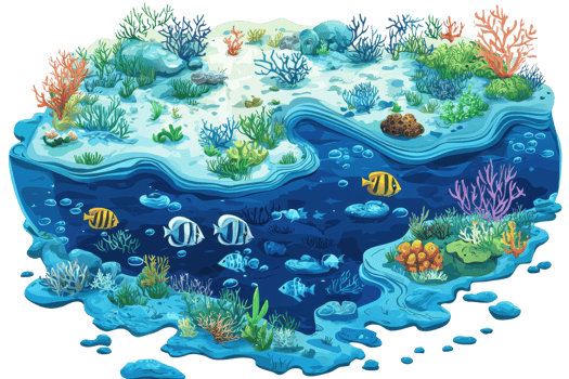 Colorful underwater coral reef scene with diverse fish, vibrant corals, and marine life creating a stunning ocean ecosystem illustration. png