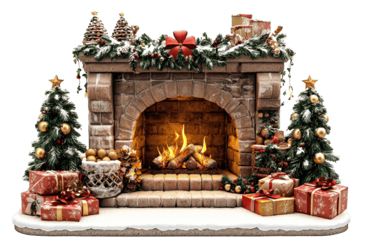 Cozy Christmas scene with a decorated fireplace, lit fire, and beautifully wrapped presents, creating a festive holiday atmosphere. png
