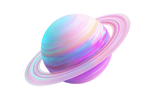 Digital pastel artwork of a planet with rings in a vibrant cosmic scene, showcasing soft colors and ethereal atmosphere against a white backdrop. png