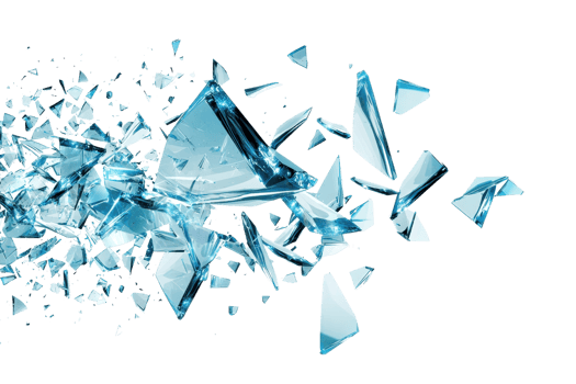 Dynamic image of shattered glass pieces flying through the air, capturing motion and energy. Ideal for concepts of destruction or transformation. png