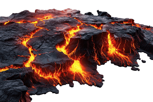 Dramatic molten lava flow with glowing cracks on a rugged volcanic surface, showcasing intense heat and vibrant orange-red hues. png