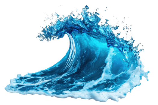 Dynamic ocean wave captured mid-surge, showcasing vibrant blue tones and the raw power of nature's aquatic energy. Perfect for marine themes. png