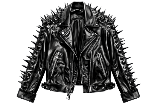 Edgy black leather jacket adorned with spikes, perfect for adding a bold statement to any outfit. Ideal for punk or rock fashion enthusiasts. png