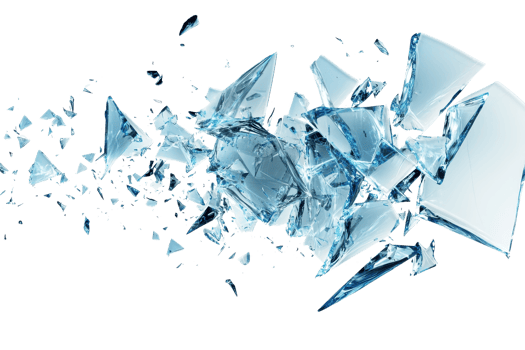 Dynamic shattered glass pieces flying through the air, creating a sense of motion and chaos against a transparent background. png