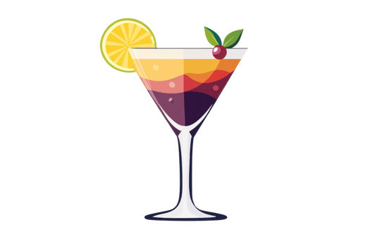Elegant martini cocktail illustration featuring gradient colors in a glass, garnished with a slice of lemon, cherry, and mint. png