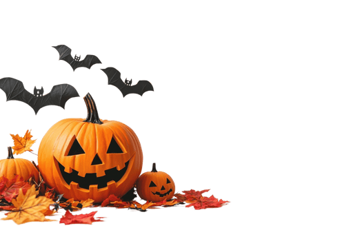 Halloween pumpkins with carved faces and bats, surrounded by autumn leaves. Perfect for seasonal decoration and festive themes. png