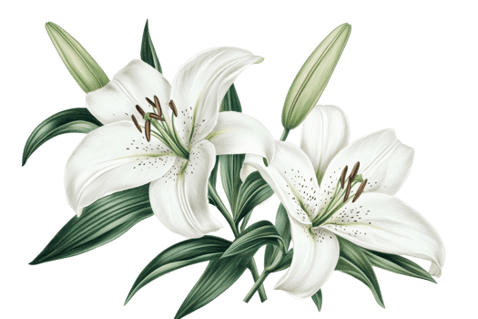 Elegant white lilies with lush green leaves, symbolizing purity and renewal. Perfect for floral, nature, and decorative themes. png