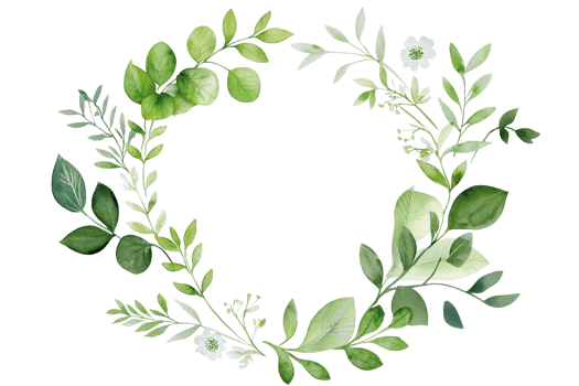 Elegant wreath of lush green leaves and delicate white flowers, perfect for weddings, invitations, or nature-themed designs. png