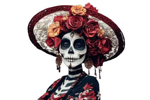 Elegant woman in Day of the Dead costume with floral hat, face paint, celebrating Mexican tradition, isolated on transparent background. png