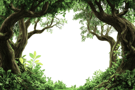 Enchanted forest frame with lush green trees forming a natural arch, creating a mystical and inviting atmosphere in nature. png