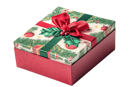 Festive Christmas gift box adorned with holiday wrapping paper, red bow, and decorative holly, perfect for the holiday season. png