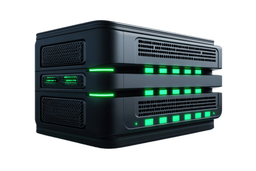 Futuristic server with glowing green lights, showcasing advanced technology and modern data storage solutions in a sleek design. png