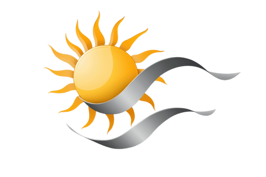Illustration of a radiant sun with elegant silver wave ribbons, symbolizing warmth and energy, isolated on a transparent background. png