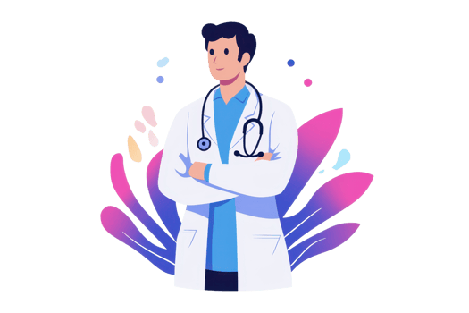 Illustration of a confident male doctor in a lab coat, standing with crossed arms, with abstract floral background for medical themes. png