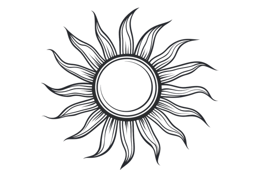 Intricate black sun silhouette with swirling rays, symbolizing energy and warmth, perfect for artistic and spiritual design projects. png