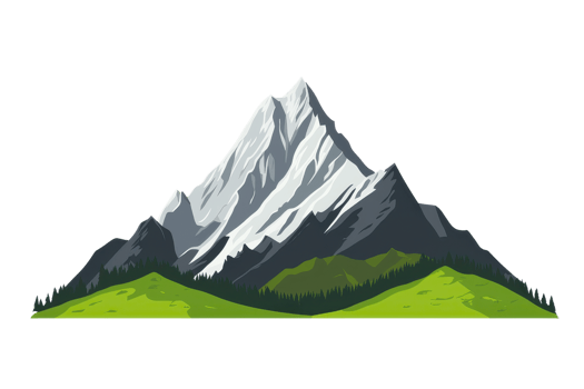 Illustration of a majestic mountain with snowy peaks and lush green base, symbolizing natural beauty, adventure, and exploration. png
