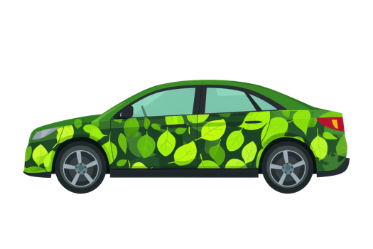 Illustration of an eco-friendly car with a green leaf pattern, symbolizing environmental sustainability and innovation in transportation. png
