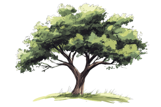 Illustration of a lush green tree with broad branches and dense foliage, standing on a patch of grass, isolated against a transparent background. png